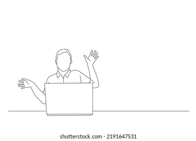 Cartoon of shocked man surprised bounce to wall after looking at laptop. Line art style
