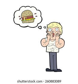 caricatura de un hombre impactado que piensa en comida chatarra