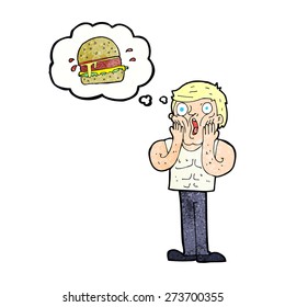 cartoon shocked man thinking about junk food