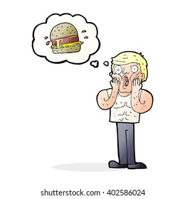caricatura de un hombre impactado que piensa en comida chatarra