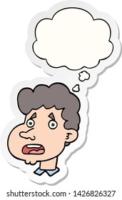 caricatura impactó a un hombre con burbuja de pensamiento como pegatina impresa