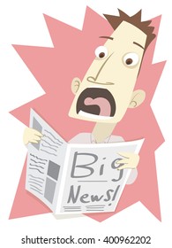 Cartoon shocked man when reading big news in newspaper.