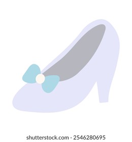 A cartoon shoe with a bow on it. The bow is blue and white. The shoe is white and has a silver sole