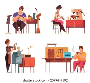 Cartoon shoemaker four compositions set with cobblers repairing shoes with special equipment in workshop isolated vector illustration