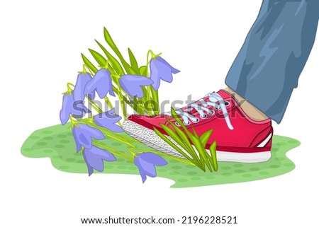Cartoon shoes ruthlessly tramples living flowers. Foot stepping on endangered plant. Leg with sneakers treading on flowers. Environment protection, vandalism, nature concept. Stock vector illustration 商業照片 © 