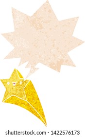 cartoon shooting star with speech bubble in grunge distressed retro textured style