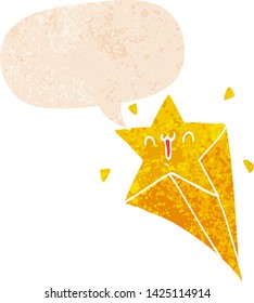 estrella de tiro de caricatura con burbuja de habla en un estilo retro angustiado y texturado