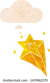 estrella de tiro de caricatura con burbuja de pensamiento en un estilo retro angustiado y texturado