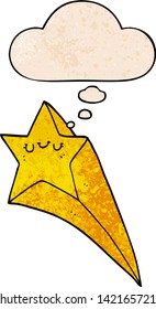 cartoon shooting star with thought bubble in grunge texture style