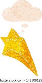 cartoon shooting star with thought bubble in grunge distressed retro textured style