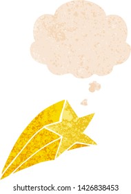 cartoon shooting star with thought bubble in grunge distressed retro textured style