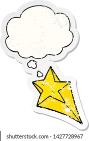 estrella de tiro de caricatura con burbuja de pensamiento como pegatina gastada angustiada