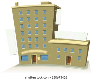 Cartoon Shop Building With Apartments And Banners/ Illustration of a cartoon store or shop building tower with apartments upstairs and blank banners all around