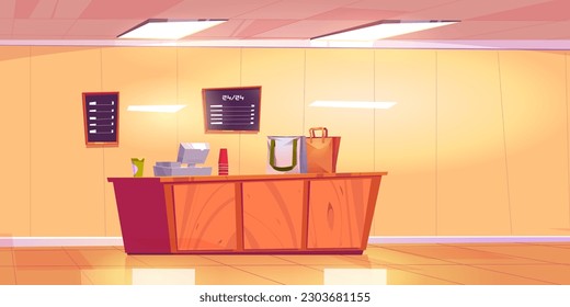 Cartoon shop counter with cash register in empty room. Vector illustration of wooden desk with computer, paper cups, shopping bags, menu boards in frames on wall. Grocery store, supermarket equipment