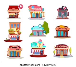 Cartoon Shop Set. Sweets, Pizza Place, Ice Cream, Barber Shop. Retail Concept. Vector Illustrations Can Be Used For Street Market, Kiosk, Cafe, Storefront