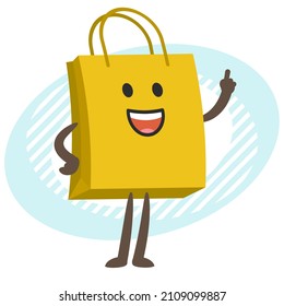 Cartoon Shopping Bag Character explaining and showing the index finger. Vector Illustration.