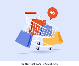 Cartoon shopping cart with shopping bags, online shopping, digital marketing banner. Basket shop cart and promotional labels on white background shopping bag buy sell discount vector icon illustration