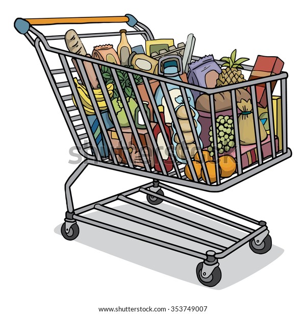 Cartoon Shopping Cart Full Groceries Vector Royalty Free.