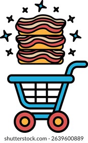 A cartoon of a shopping cart with a stack of bacon on top of it. The bacon is piled high and the cart is full