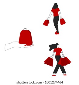 Juego de vectores de caracteres de la compra de dibujos animados. Ilustración del supermercado. Mujer de compras. El concepto de "Viernes negro de venta". Antecedentes comerciales.