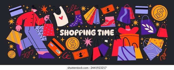 Cartoon shopping stickers in 90s retro groovy style. Collection of various patches, labels, tags, stickers, stamps for shopping and packaging. Hippie mascot characters and shopping packages discounts