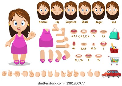 Cartoon shopping woman constructor for animation. Parts of body: legs, arms, face emotions, hands gestures, lips sync. Full length, front, three quater view. Set of ready to use poses, objects.