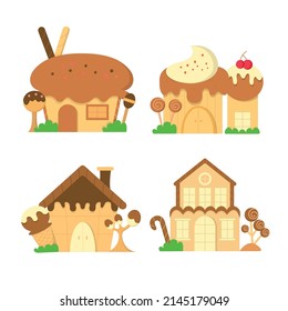 Cartoon shops building icon set. Vector illustration.