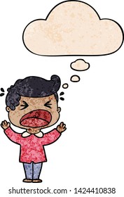 cartoon shouting man with thought bubble in grunge texture style