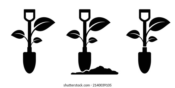 Cartoon shovel vector gardener icon or pictogram. Garden maintenance tools. Shovels pictogram. Shove silhouette with leaf, growing tree logo. Gardenering