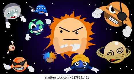 Cartoon show sign of solar system nine star and one sun.