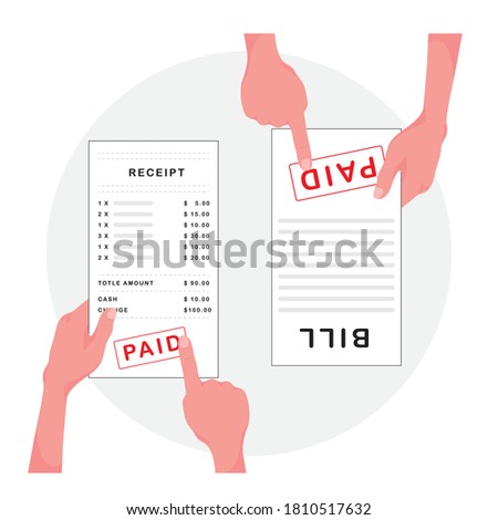 A cartoon showing bill payment feature people point on paid word in an invoice