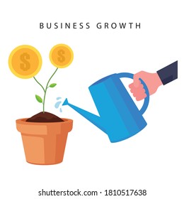 A cartoon showing business growth feature people watering a money tree