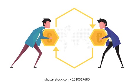 A cartoon showing currency exchange feature two man holding coin standing face to face
