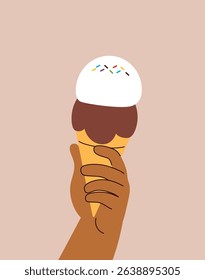 Cartoon showing a child’s hand holding an ice cream cone. Vector illustration drawing for sweet treats, summer and children’s designs