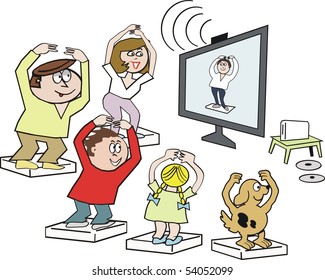 Cartoon showing happy family doing yoga exercise class in front of television.