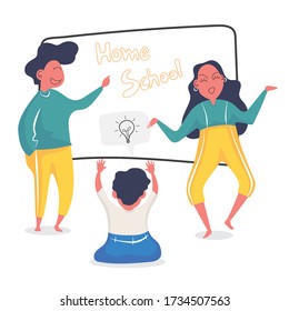 A cartoon showing new normal when kid study with parents at home while staying home during covid19 or corona virus spread