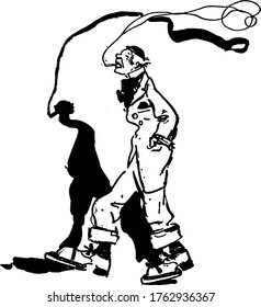 Cartoon showing a shadow of a man who is smoking while walking , vintage line drawing or engraving illustration.