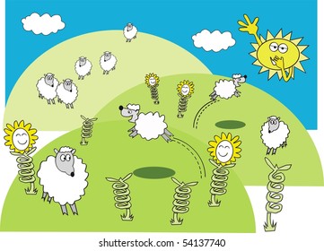 Cartoon showing spring lambs and sheep with budding flowers.