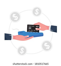 A Cartoon Showing Swipe Credit Card Feature A Hand Holding Machine While The Other Hand Holding A Card