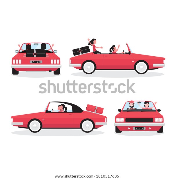 A cartoon showing traveling by car feature\
a set of four cars with people\
driving