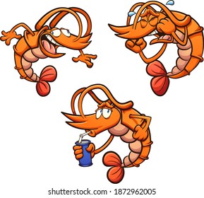 Cartoon shrimp characters with different poses and expressions. Vector clip art illustration with simple gradients. Each on a separate layer.
