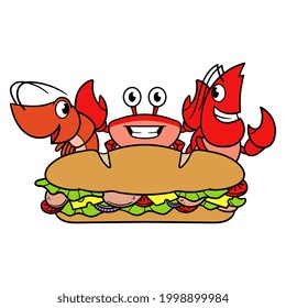 Cartoon Shrimp Crab Lobster and Submarine Sandwich Illustration