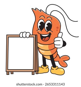 Cartoon Shrimp Mascot com placa em branco - Caráter de frutos do mar para publicidade

