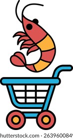 A cartoon shrimp is on top of a blue shopping cart. The cart is empty. The shrimp is red and orange
