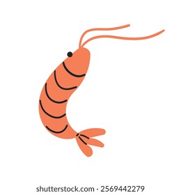 Cartoon shrimp or prawn sea animal. Isolated small crustacean with slender body covered with hard exoskeleton and long antennae, found in marine habitats, prized for succulent meat in culinary dishes