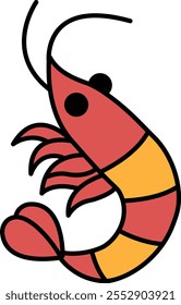 A cartoon shrimp with a red and yellow stripe. The shrimp is holding its tail up and has a smile on its face