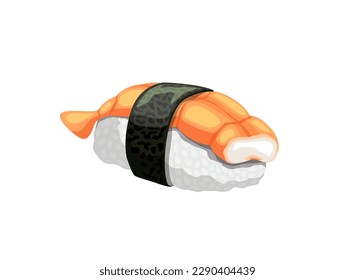 Sushi de camarón de caricatura, comida vectorial japonesa, restaurante de marisco o sushi bar de comida para llevar. Ebi nigiri hecho de arroz, gambas y algas nori, comida para llevar y menú de caja de bento