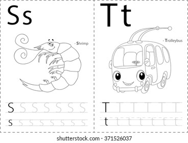 Cartoon shrimp and trolleybus. Alphabet tracing worksheet: writing A-Z, coloring book and educational game for kids