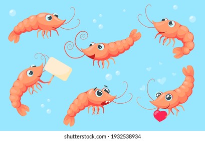 Colección de camarones de dibujos animados. Trato y gracia gambas con diferentes emociones aisladas en el fondo blanco. Ilustración vectorial plana de animales marinos, concepto alimentario