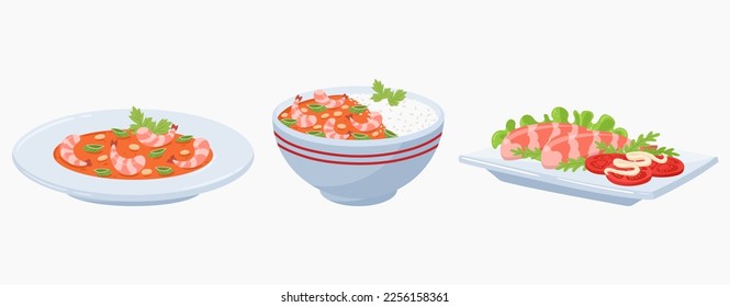 Cartoon shrimps dishes. Asian cuisine, Japanese and Korean traditional food, seafood plates flat vector illustration on white background